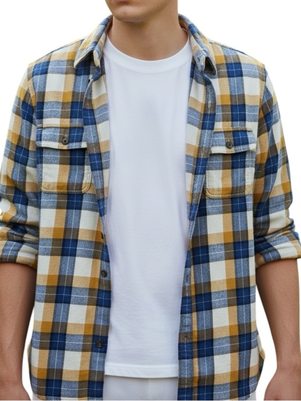 Old Navy Blue White Mustard Plaid Button-Down Shirt Long Sleeve Flannel